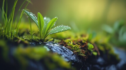  A tight shot of a miniature green plant, adorned with water beads on its foliage Its moss-covered base lies in the frame