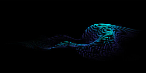 Wall Mural - Flowing dots particles wave pattern 3D curve halftone blue green gradient curve shape isolated on black background. Vector in concept of technology, science, music, modern.