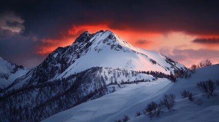 Wall Mural -  A red and pink-hued sky overlays a snow-covered mountain, dotted with trees in the foreground and clouded backdrop