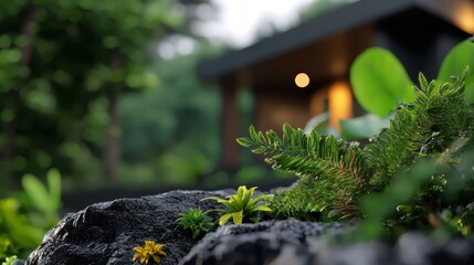 Sticker -  A tight shot of a rock bearing a plant at its summit, accompanied by a quaint house in the distance