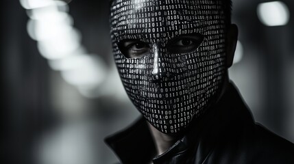 Man wearing a mask covered in binary code, symbolizing cybersecurity, hacking, anonymity, and digital identity