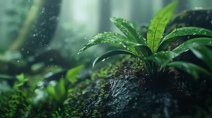  A tight shot of a plant perched atop a rock in a forest, adorned with dewdrops