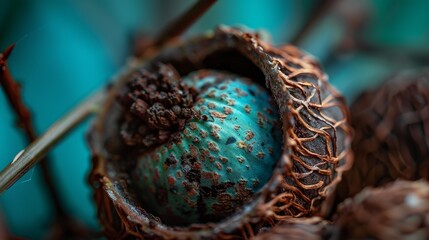 Canvas Print -  A close-up of a seed pod with a blue ball in its center and brown seeds at its end