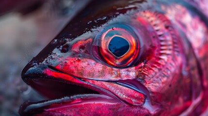 Wall Mural -  A tight shot of a fish's expressive face partially covered in water, revealing its teary eyes