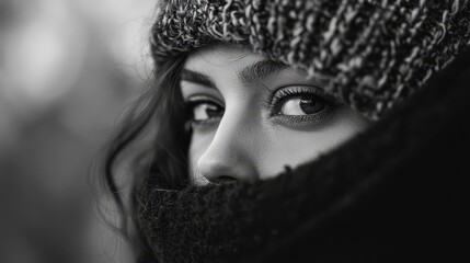 Canvas Print -  A black-and-white image of a woman wearing a knitted hat over her head