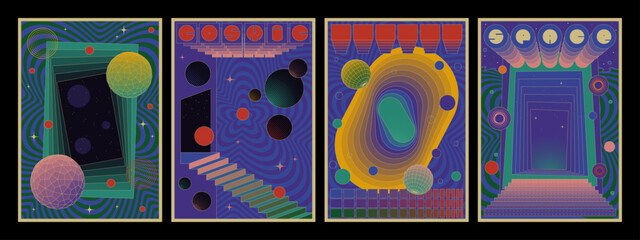 Wall Mural - Psychedelic Color Poster Set, Abstract Space Backgrounds, Geometric Shapes, Polka Dots, Gradient Portal and Steps