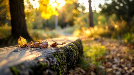 Wall Mural -  A fallen leaf on a wooden bench in the park Sunlight filters through trees on the opposite side