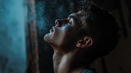 Canvas Print -  A man in a dark room smokes a cigarette, emitting smoke from his mouth