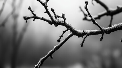 Wall Mural -  A tree branch, its ice-coated limbs contrasting against a monochrome backdrop, is framed by a foggy, gray sky