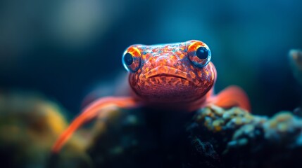 Wall Mural - eyes bright blue, background dark with coral in the foreground