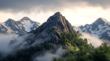 Wall Mural -  A towering mountain, dotted with trees in the foreground, and a backdrop of drifting clouds