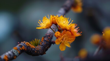 Sticker -  A tree branch with yellow flowers in sharp focus, background softly blurred