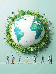 Poster - people discussing sustainable innovation strategies with earth model 3d flat icon concept for creati