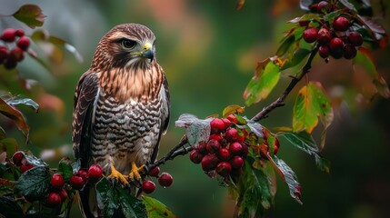 Poster -  A brown-and-white bird perches on a tree branch laden with red berries, surrounded by vibrant green leaves