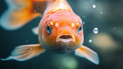 Wall Mural -  A goldfish near, mouth filled with bubbles, blue sky behind