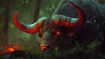 Wall Mural -  A tight shot of a bull grazing in a lush grass field, surrounded by trees in the distance, and a fire burning brightly in the foreground