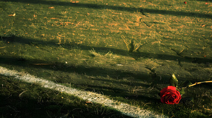 A rose is on a green field with a white line