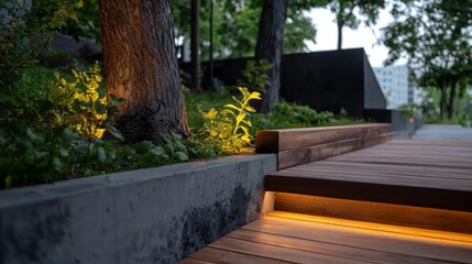 Wall Mural -  A wooden deck situated near a tree, adorned with yellow blooms in the foreground, and a black building in the background