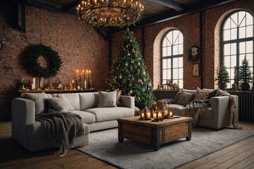 Wall Mural - Christmas interior. Living room in loft style with a brick wall and a sofa, with a large decorated Christmas tree