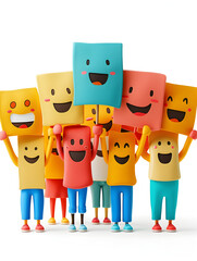 Poster - 3d flat icon of people holding floating scorecards with smiling faces for joyful employee evaluation