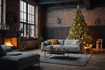 Wall Mural - Christmas interior. Living room in loft style with a brick wall and a sofa, with a large decorated Christmas tree