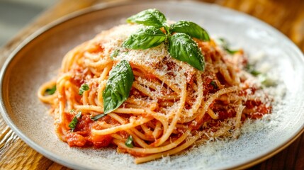 Poster - A beautifully plated traditional Italian pasta dish with rich tomato sauce, fresh basil, and grated Parmesan, set on a rustic wooden table.