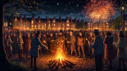 a vibrant and festive illustration that captures the excitement and warmth of Bonfire Night, also known as Guy Fawkes Night