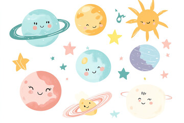  Charming Kawaii Vector Illustration of Planets, Sun, and Stars in Soft Pastel Colors, Great for Decorating a Baby’s Room or Creating Stickers, White Background