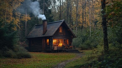 Wall Mural - A charming cabin in the woods with a trail of smoke from the chimney, hinting at a cozy fire inside.