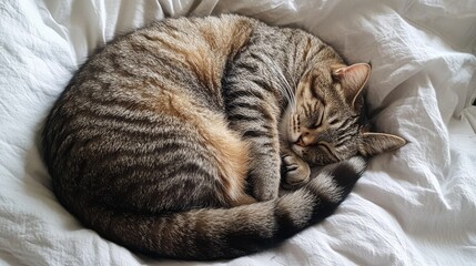Aufkleber - A chubby cat curled up in a tight ball on a bed, sleeping peacefully with its tail wrapped around its body