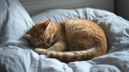 Aufkleber - A chubby cat curled up in a tight ball on a bed, sleeping peacefully with its tail wrapped around its body