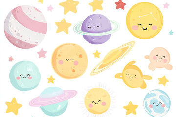 Pastel-Colored Vector Set of Adorable Planets, Sun, and Stars in Kawaii Style, Ideal for Baby Room Wallpaper or Sticker Print, Isolated on White Background

