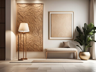 Wall Mural - A luxurious foyer in a modern house, with an empty canvas frame set against a wall with intricate 3D tile patterns, design