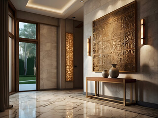 Wall Mural - A luxurious foyer in a modern house, with an empty canvas frame set against a wall with intricate 3D tile patterns, design