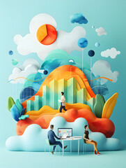 Poster - 3D Flat Icon People Analyzing Watercolor Business Analytics with Laptops on Dreamy Background | Creativity, Technology, and Financial Analysis Concept on White Background