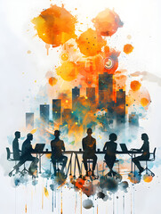 Poster - watercolor business dashboards and tablets 3d flat icon people interaction concept for magical tech 
