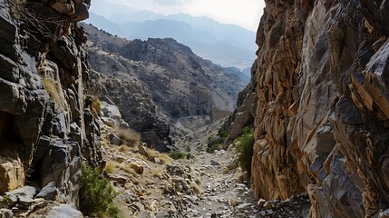 Canvas Print - A narrow mountain route that winds through rocky terrain