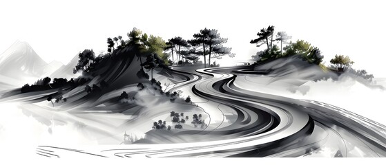 Poster - Abstract Black and White Landscape with Trees.