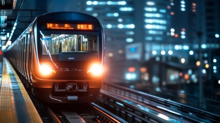 Poster - A close-up of a metro train arriving at a platform,