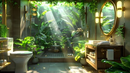 Poster - Luxurious Bathroom with Tropical Plants and Golden Accents.