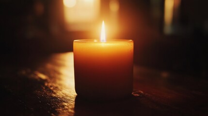 Poster - A close-up of a single candle flame glowing softly in a dark room, with the flickering light casting warm, gentle shadows on the surrounding area