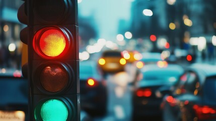 Aufkleber - A close-up of a traffic light changing from red to green, with cars waiting at the red light and the street scene in the background showing busy urban activity