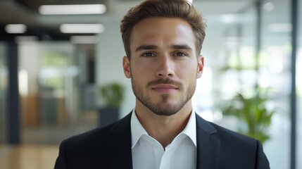 Poster - A close-up of a young businessman on a video call, with a clear view of his engaging expression and well-groomed appearance, set against a sleek office backdrop.