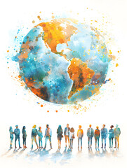 Poster - creative 3d flat icon people with watercolor earth and climate change charts concept on whimsical ba
