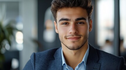Poster - A close-up of a young businessman on a video call, with a clear view of his engaging expression and well-groomed appearance, set against a sleek office backdrop.