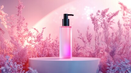 The cosmetic bottle is placed on a circular podium, surrounded by glowing pink plants and lights