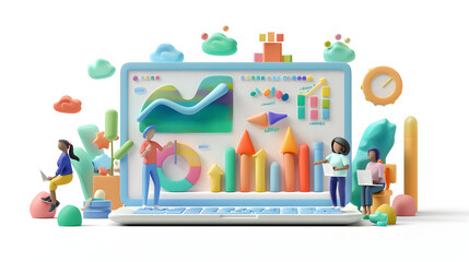 Poster - a group of people interacting with watercolor financial dashboards on laptops in 3d flat icon concep
