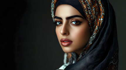 Fashion-forward an Iranian woman posing for magazin dark background black Portrait of islamic woman wearing a headscarf