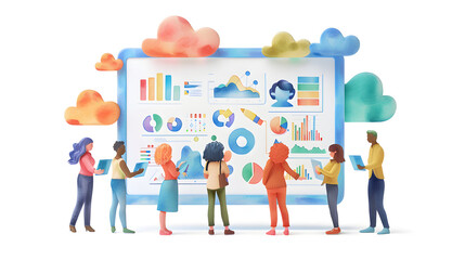 Poster - watercolor financial management tools and tablets 3d flat icon group of people using creative financ
