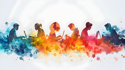 Poster - Watercolor Financial Strategies and Laptops Concept with 3D Flat Icon People   Creative Blend of Technology and Financial Planning in Business